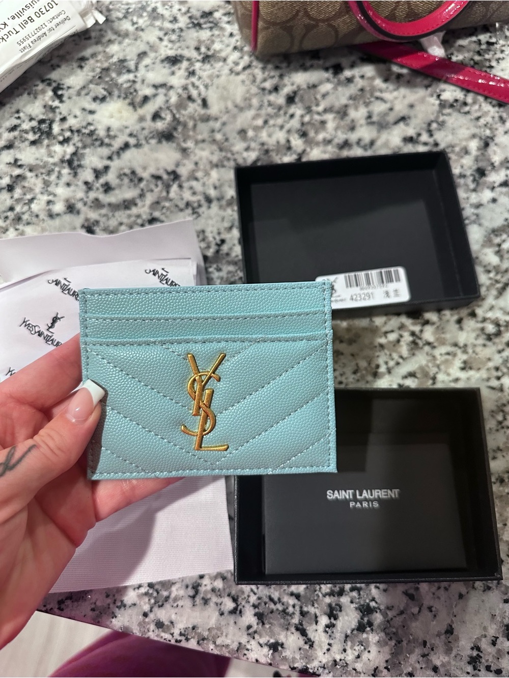 Saint Laurent Quilted Card Holder in Pastel Blue with Gold YSL Logo
